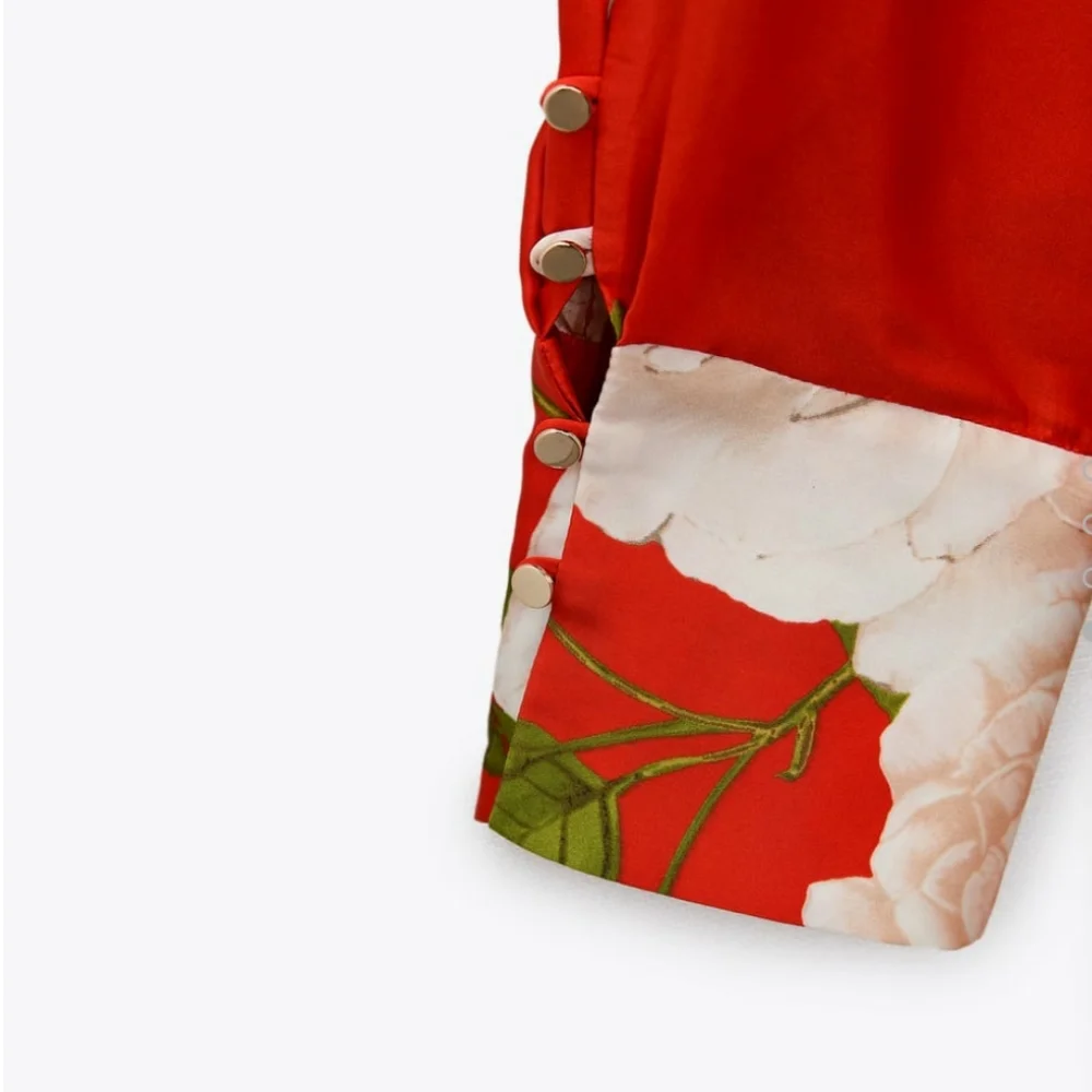 ZARA LONG PRINTED SHIRT Satin effect with V-neck color red Bloggers  Favorite - Picture 13 of 13